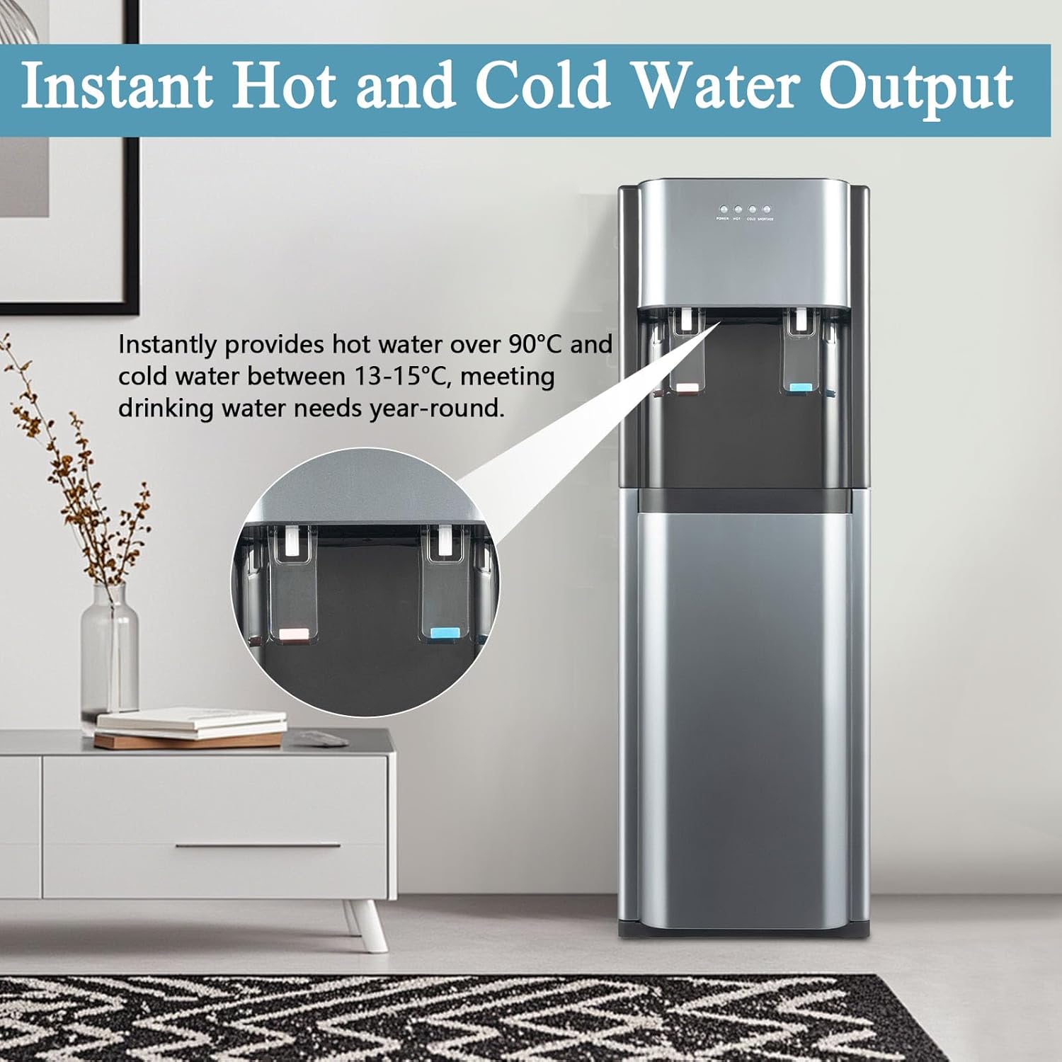 Bottom Loading Water Dispenser for 5 Gallon Bottle, Stainless Steel Portable Water Cooler Dispenser with LED Light - Hot and Cold Water, Anti-Rust Coating for Home, Office, Living Room, Dark Gray