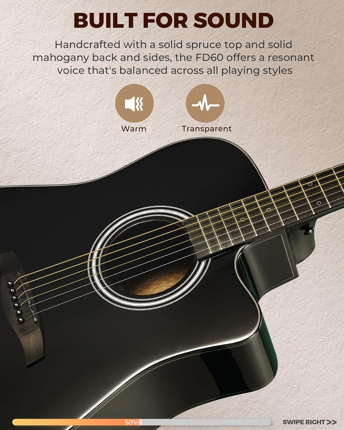 Acoustic Guitar Kit, 41 Inch Full Size 6 String Cutaway Guitarra Acústica for Beginner Adults with Tuner, Gig Bag, Strap, Steel Strings, Capo, Pickguard, Picks, FD60C, Black