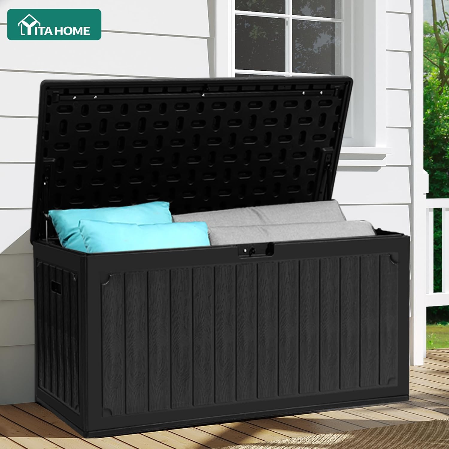 YITAHOME 90 Gallon Large Deck Box with Side Handles, Outdoor Double-Wall Storage for Patio Furniture Cushions, Garden Pool Accessories, Waterproof & Lockable