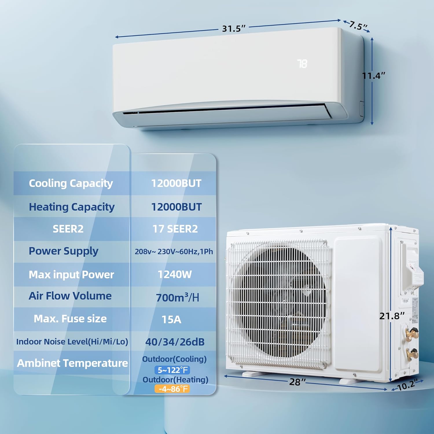 12000BTU Mini Split Air Conditioner& Heater, 17 SEER2 𝟐𝟑𝟎𝐕 Wall-Mounted AC Unit Cools Rooms up to 750 Sq. Ft, Energy Efficient Inverter AC with Heat Pump