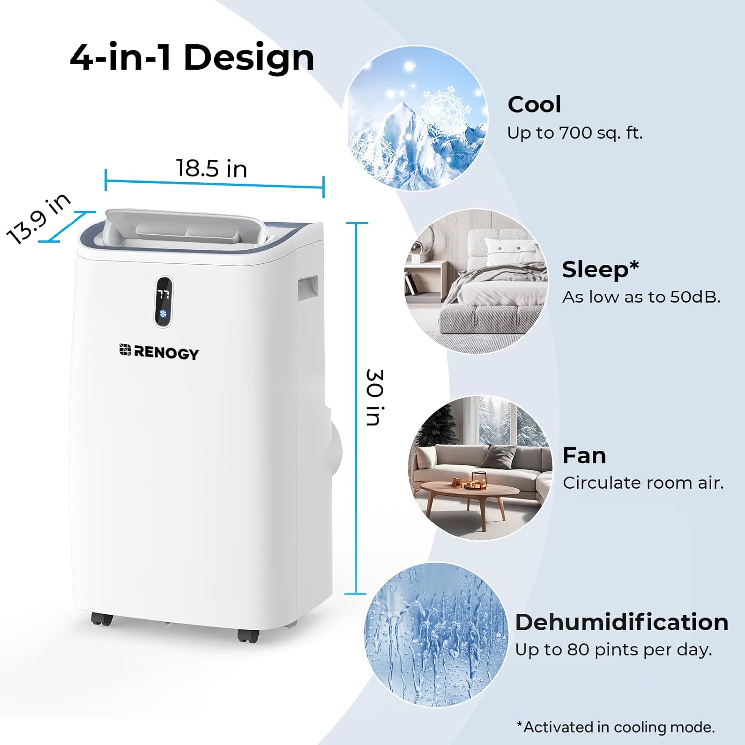 Renogy 14,000 BTU Portable Air Conditioners with Smart WiFi Enabled, Cooling, Dehumidifier, Fan & Sleep Modes 4-in-1 Portable AC w/Remote Control & Window Kit, Cools Up To 700 sq. ft, 1-24H Timers