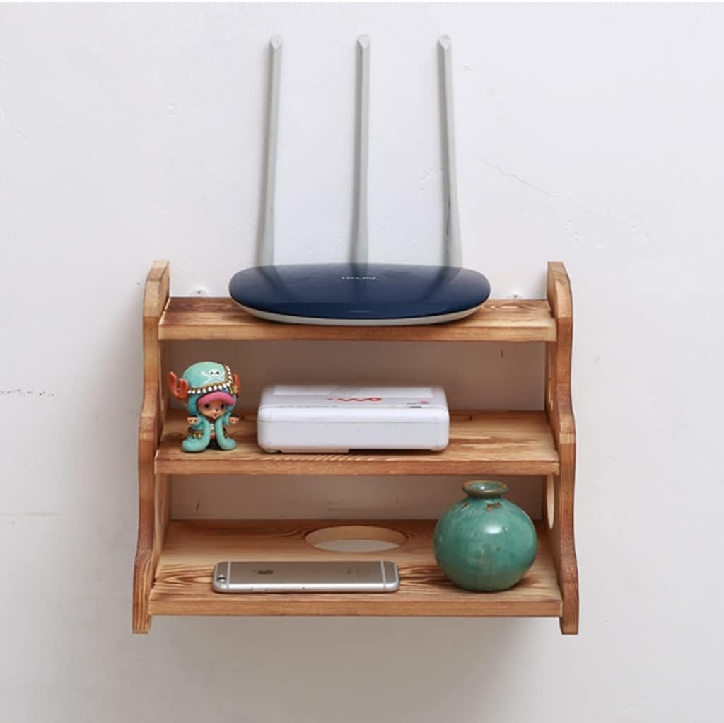 Wall-Mounted Wireless Router Storage Shelf 3-Layer Cable Storage - Home Decoration(Brown-b)