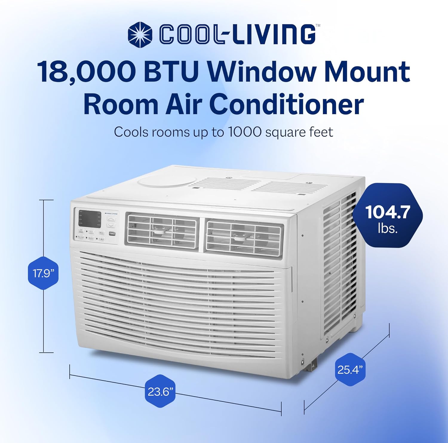 Cool-Living 18,000 BTU Window Mount Room Air Conditioner with Installation Kit and Remote Control, Cools Rooms Up To 1000 Square Feet, White