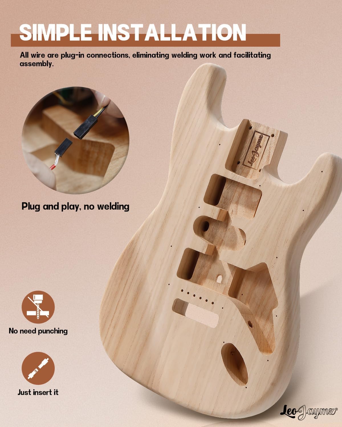Leo Jaymz DIY ST Style Electric Guitar Kits with Paulownia Body and Maple Neck - Laurel Wood Fingerboard,Strip and All Components Included (ST Paulownia)