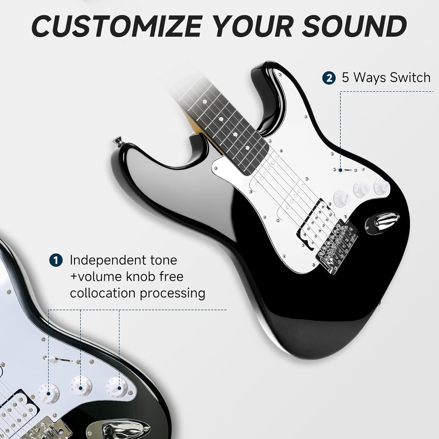 39 Inch Electric Guitar Solid Body Full Size HSS Electric Guitar Beginner Kit for Starter, with Amplifier, Bag, Capo, Strap,Cable, Picks, Black