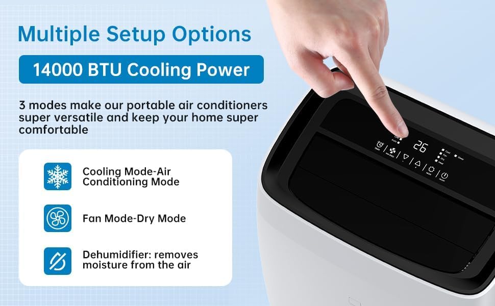 14,000 BTU Portable Air Conditioner - 3-In-1 Cooling, Fan & Dehumidifier for Rooms Up to 750 Sq.Ft | Ultra-Quiet Sleep Mode & 24H Timer | Includes Remote Control & Window Kit