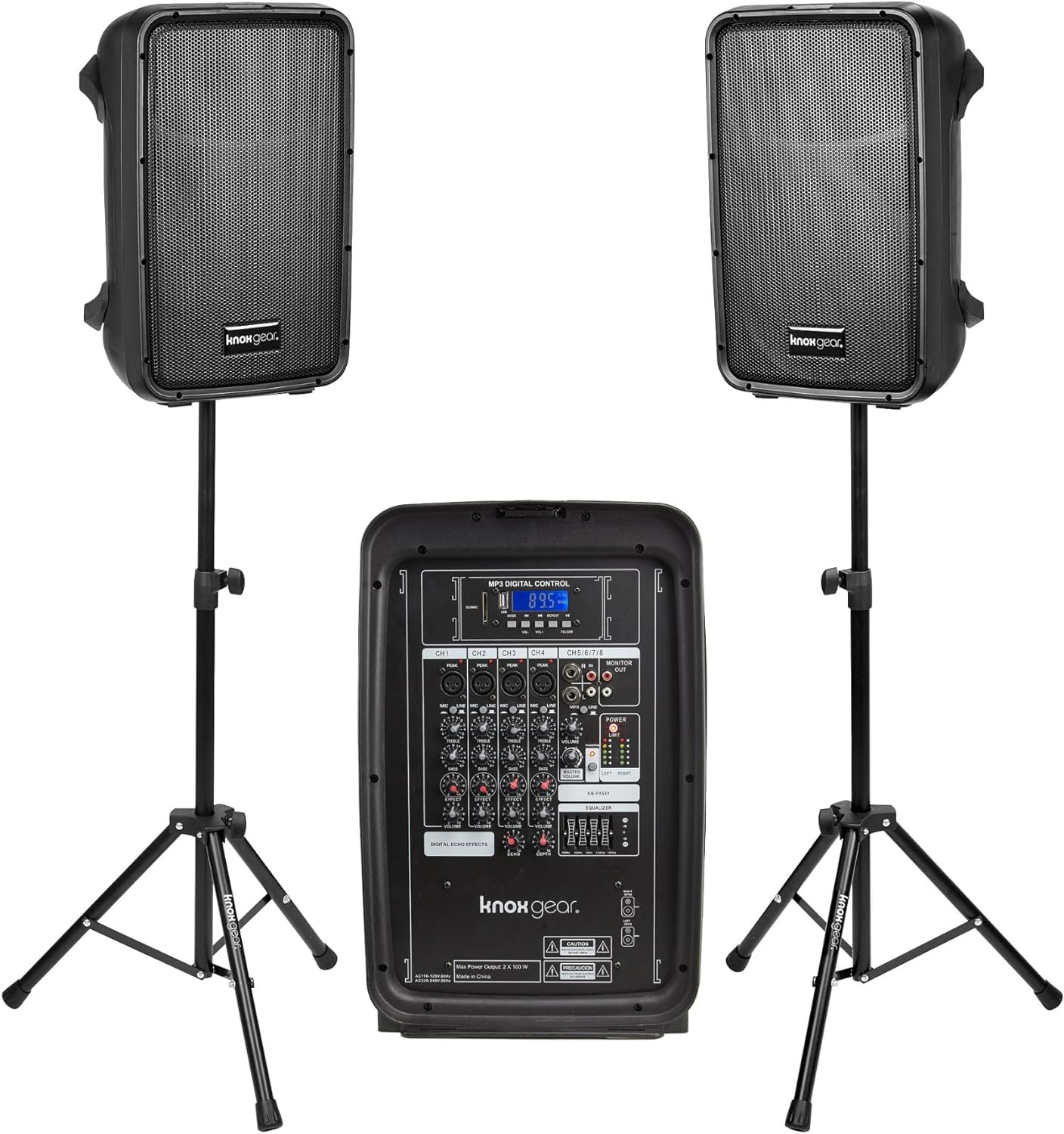 Knox Gear Dual Speaker and Mixer Set–Portable 8” 300 Watt DJ PA System with Wired Microphone & Tripod Stands, Amplifier, Bluetooth, USB, SD, 1/4” Line RCA, XLR Inputs, Ideal for a Party or Event
