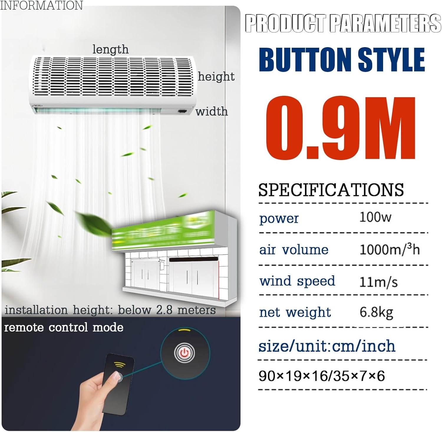 Air Curtain,Commercial Silent Door Air Curtain Machine, Energy-Saving Remote Control Black, Available in 1.5/1.8/2 Meters(0.9m)