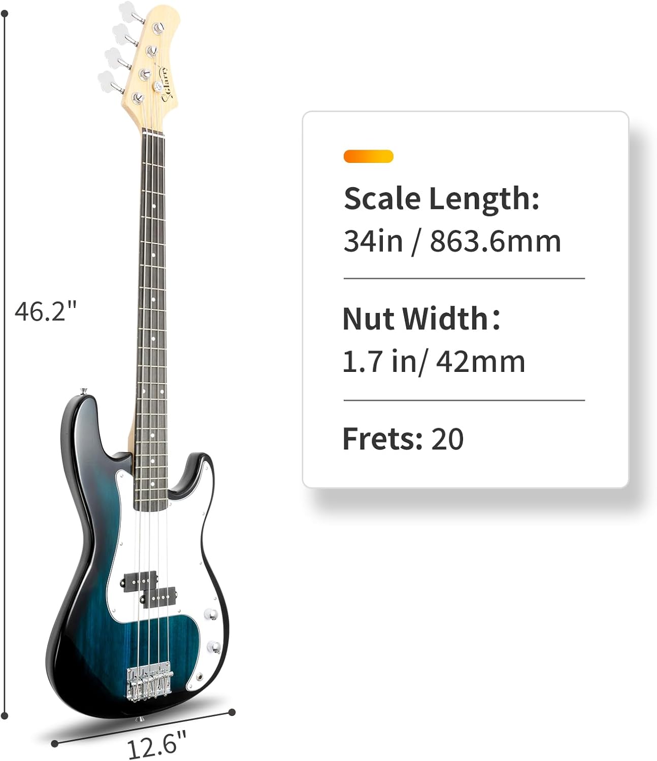 Glarry P Electric Bass Guitar Kit Basswood, Guitar with Cord Wrench Tool Case Belt Plectrum for Beginners Blue