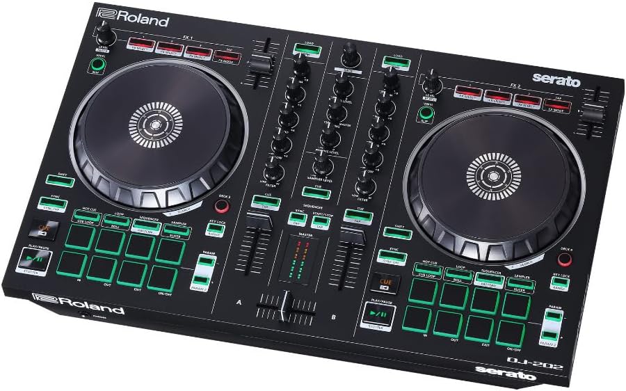 Roland DJ-202 Compact DJ Controller | 2-Channel, 4-Deck Controller for Serato DJ Lite | Large, Low-Latency Platters | Iconic Roland Drum Kit Sounds
