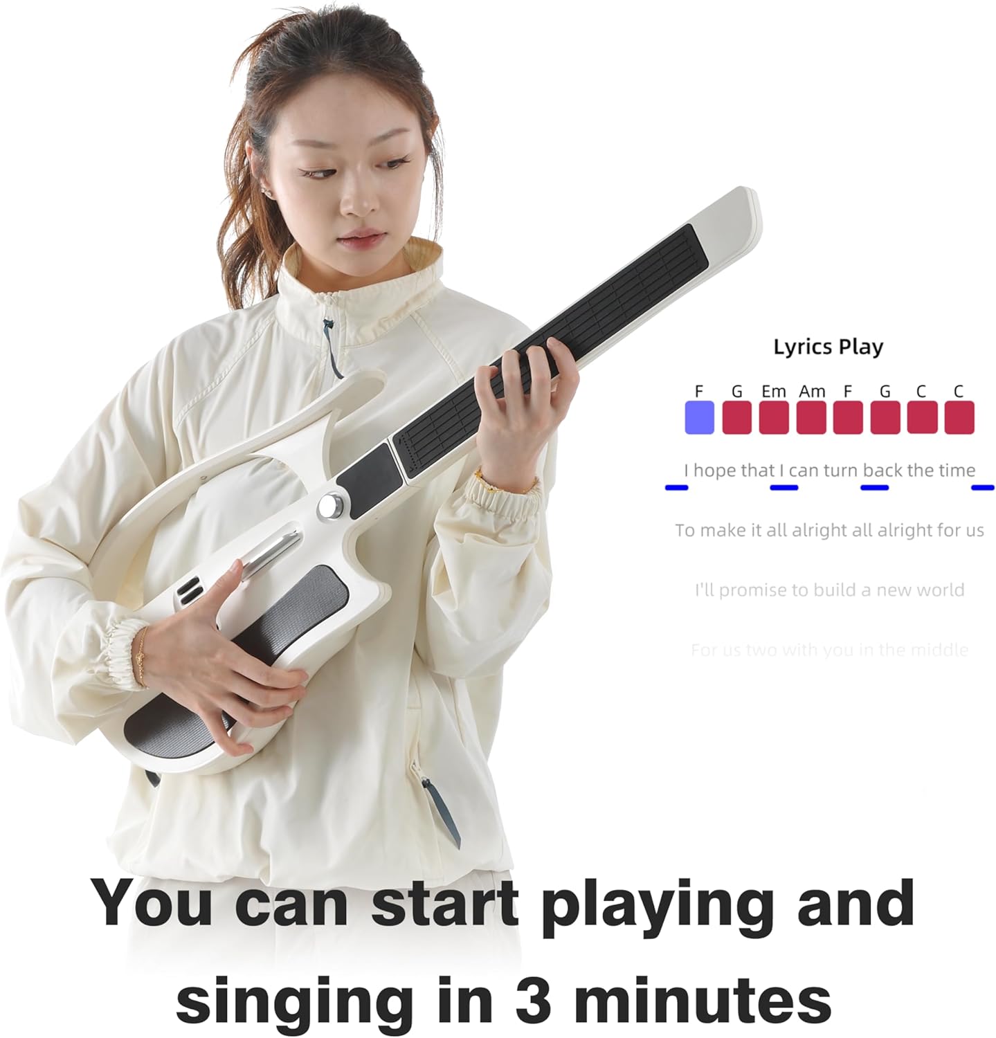 Smart Guitar, Stringless Guitar, Portable and Foldable with App Control, Chord Generator, Built-in Drum Machine & Speakers, 100 Tones, for Beginners & Bands, White