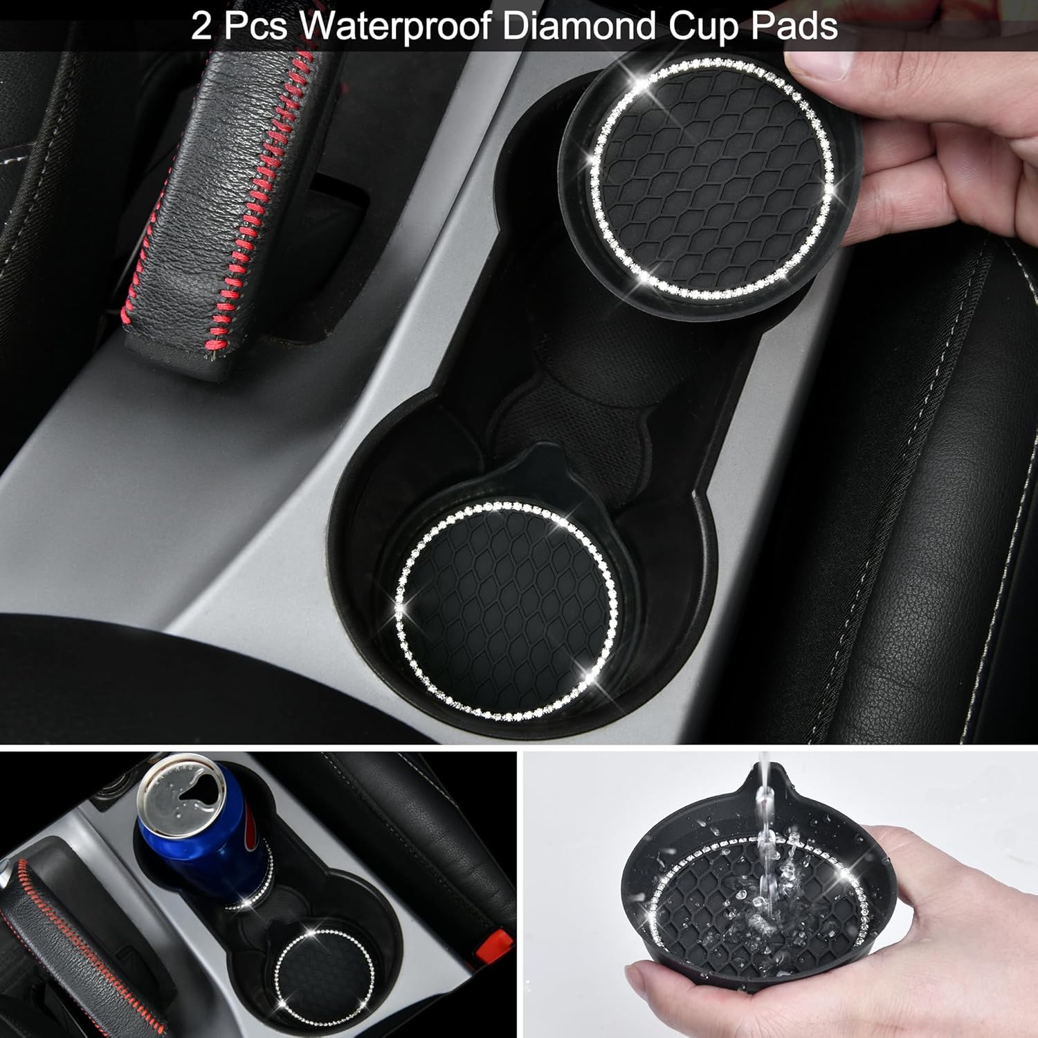 CAR PASS 34 PCS Bling Diamond Car Accessories Set for Women, Leather Car Seat Covers Steering Wheel Covers 15'', USB Charger Phone Holder Shining Rhinestone Sparkly, Cute Interior Decorations, Black