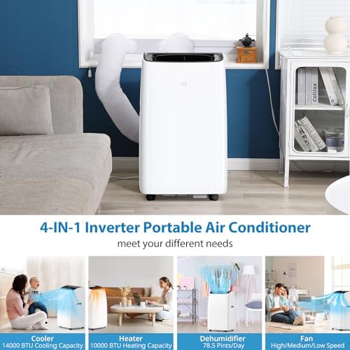 14,000BTU Inverter Dual Hose Cooling Portable Air Conditioner, Heater, Dehumidifier & Fan w Remote Control, Standing AC Unit Sleep Mode 42db, 24H Timer, Cooling up to 750 Sq Ft w Window Kit