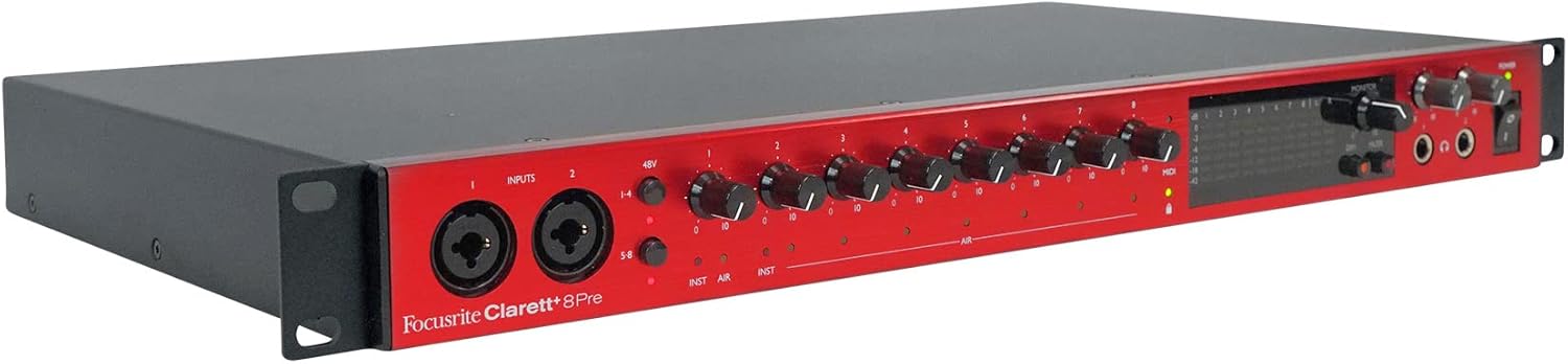 Focusrite Clarett+ 8Pre Studio-Grade 18-in/20-out Audio Interface for Established Producers —Eight High-Performance, Low-Noise, Low-Distortion Mic Preamps Capture Audio with Precise Clarity