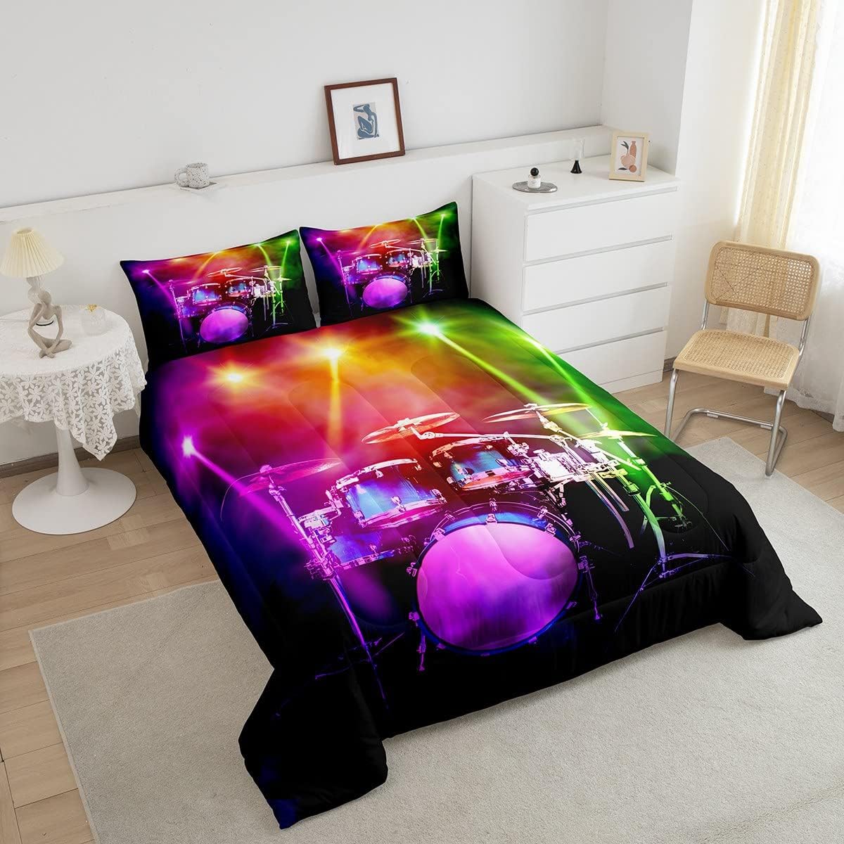 Feelyou Drum Kit Comforter Music Themed Bedding Set Musical Instruments Comforter Set for Boys Girls Kids Room Decor Colorful Glitter Duvet Set King Size with 2 Pillow Case Boys