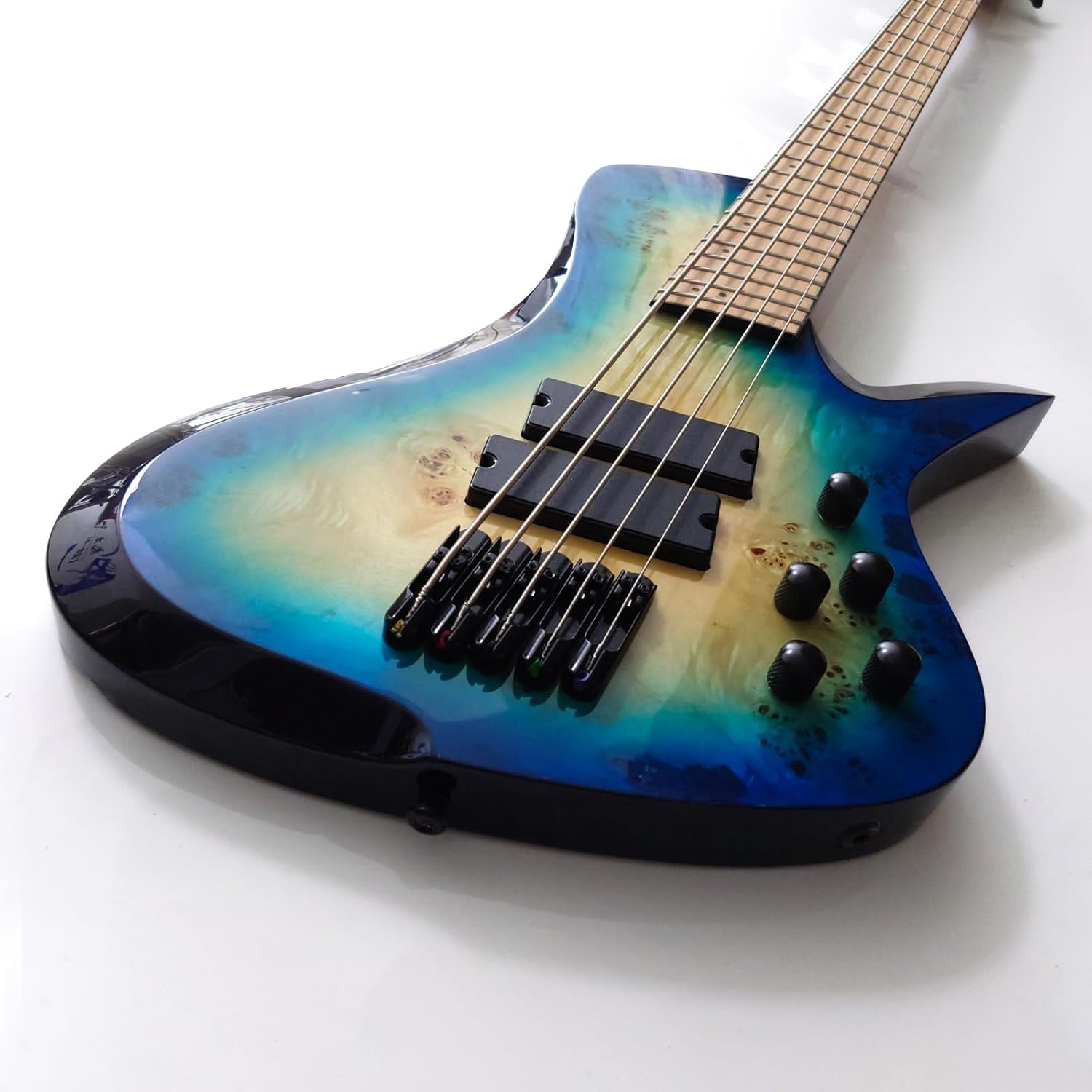 Upgrade 5 String Electric Bass Guitar Fanned Fret Blue Burl Burst Quilt Maple Top Roasted Maple Neck