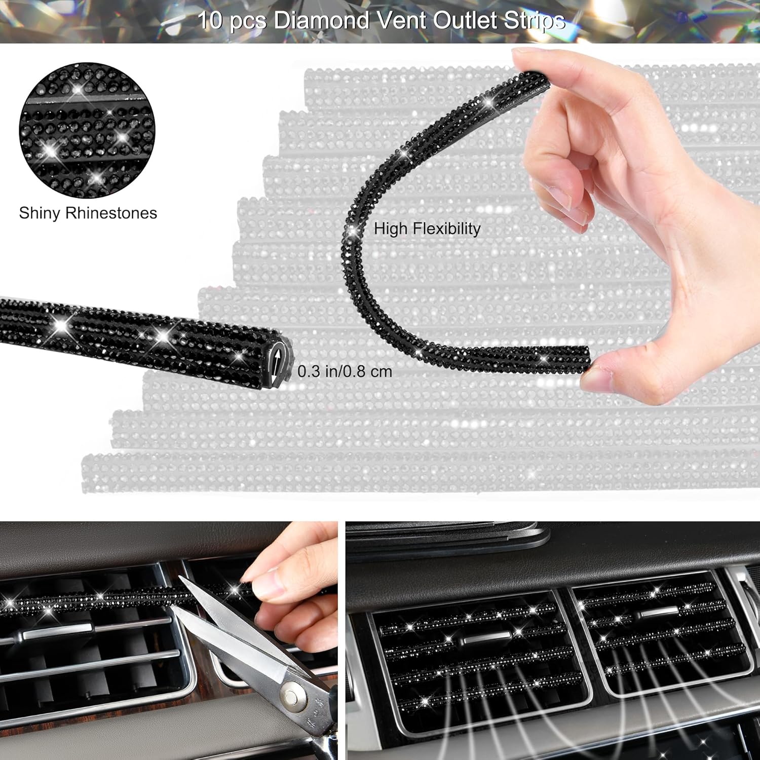 CAR PASS 34 PCS Bling Diamond Car Accessories Set for Women, Leather Car Seat Covers Steering Wheel Covers 15'', USB Charger Phone Holder Shining Rhinestone Sparkly, Cute Interior Decorations, Black