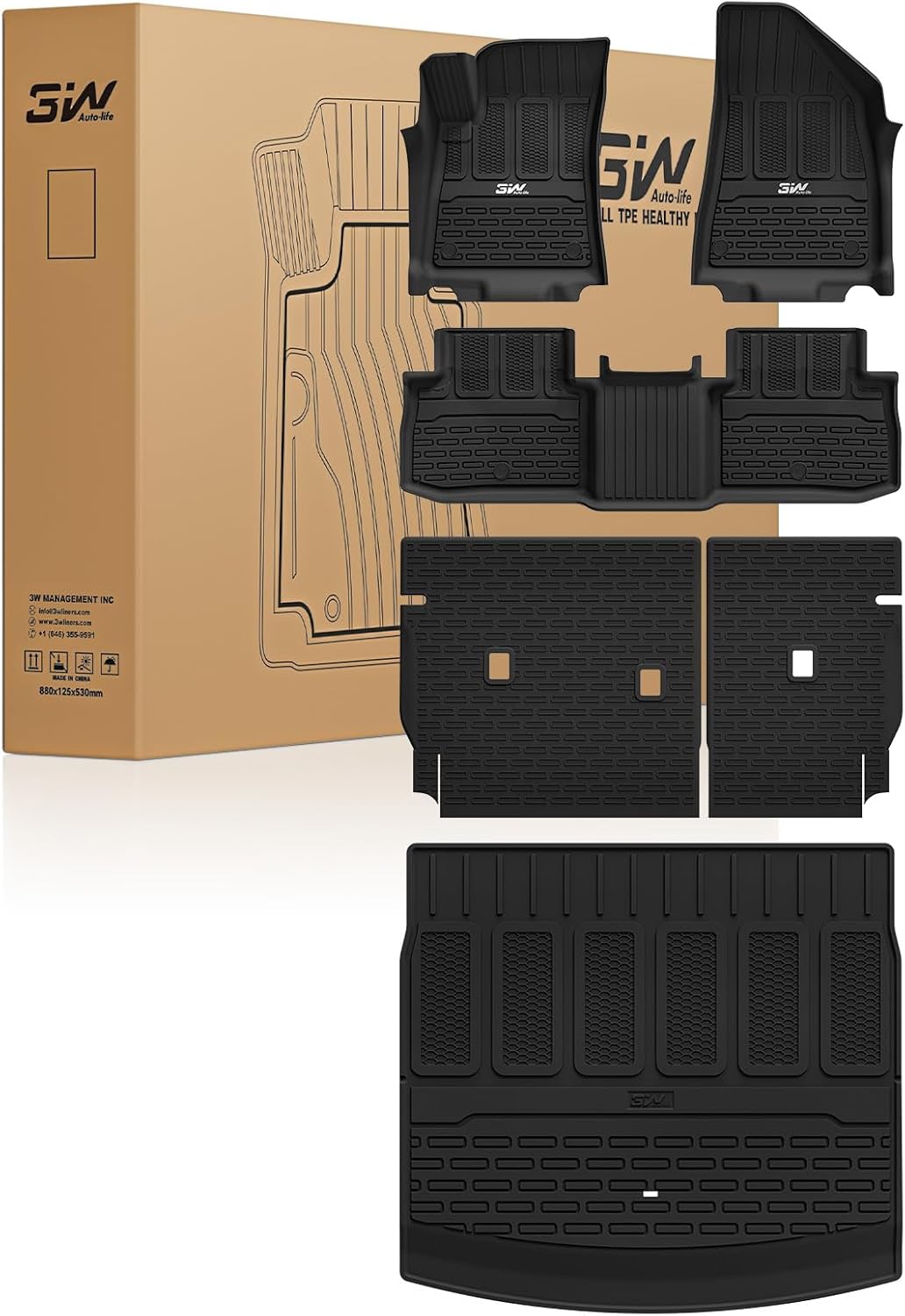 3W Floor Mats & Seat Back Mats & Cargo Liner for 2024-2026 Jeep Wagoneer S EV, All Weather TPE Custom Fit Set Car Floor Mats, Jeep Wagoneer S EV Full Set Floor Mats Accessories, Black