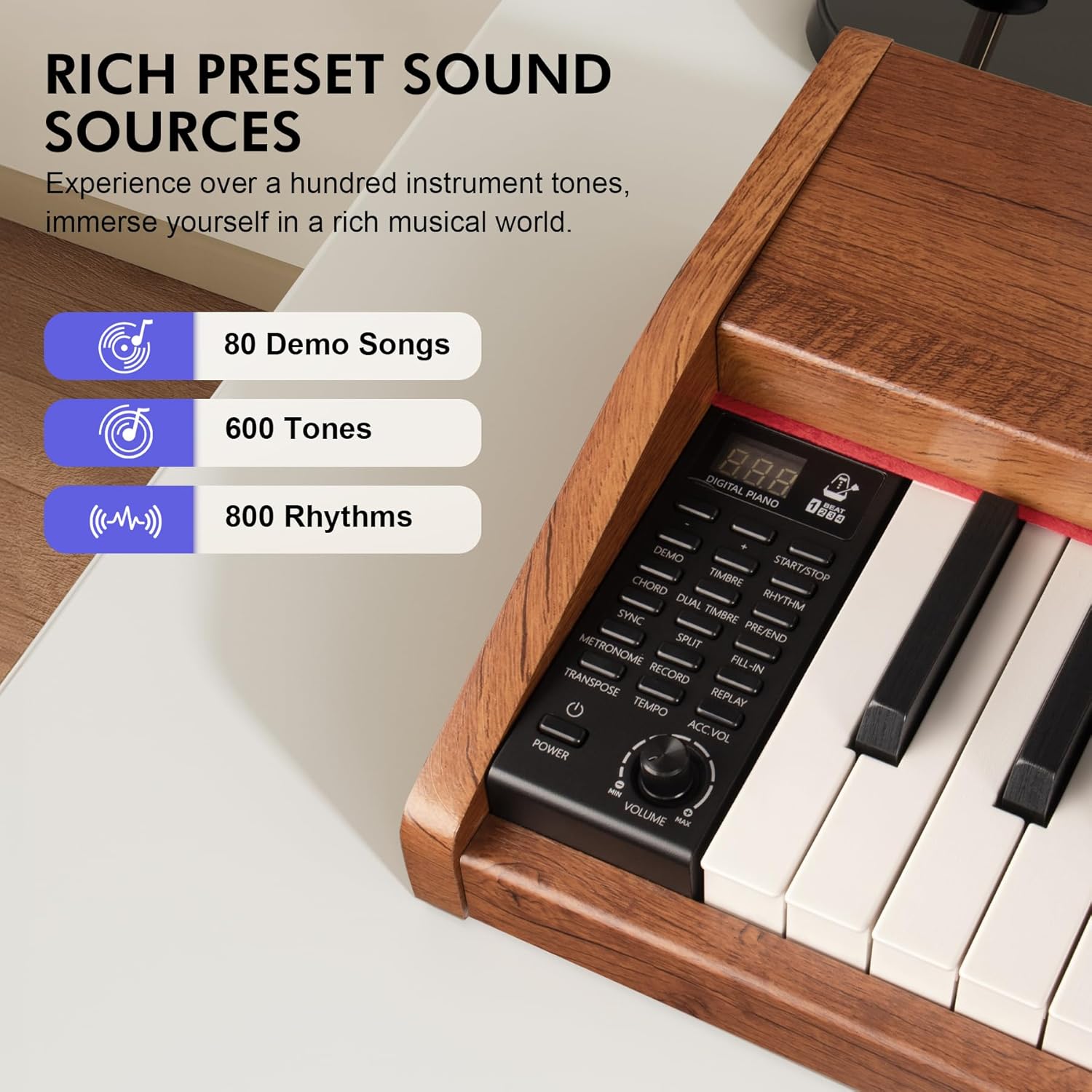 88 Key Digital Piano Keyboard for Beginners,Full Size Electric Piano Semi-Weighted Keyboard with Sheet Music Stand,Pedal,Headphone,Power Adapter,USB-MIDI Compatibility,Wood Grain Brown