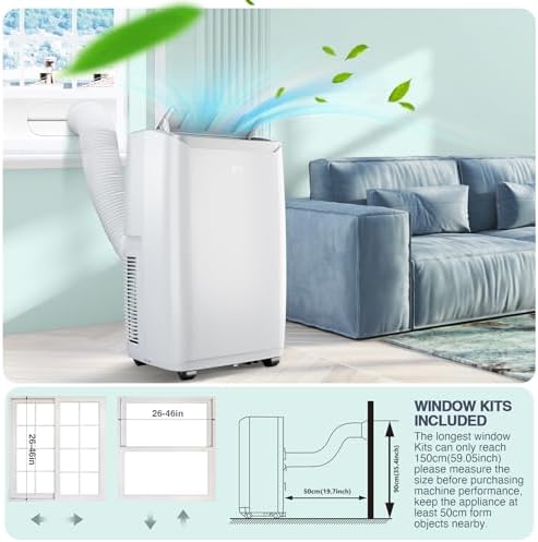 14,000 BTU Portable Air Conditioner - Quiet AC Unit Covers 750 Sq. Ft, 3 Fan Speeds with Dehumidifier Mode, Easy Install Window Kit & Follow Me Temperature Control, White