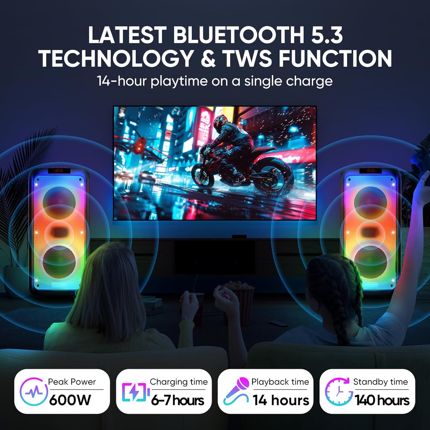 Karaoke Machine for Adults, Portable PA System Karaoke Machine Party Speaker with 2 Microphones, Supporting TF/USB/AUX, TWS & LED Mode (Black)