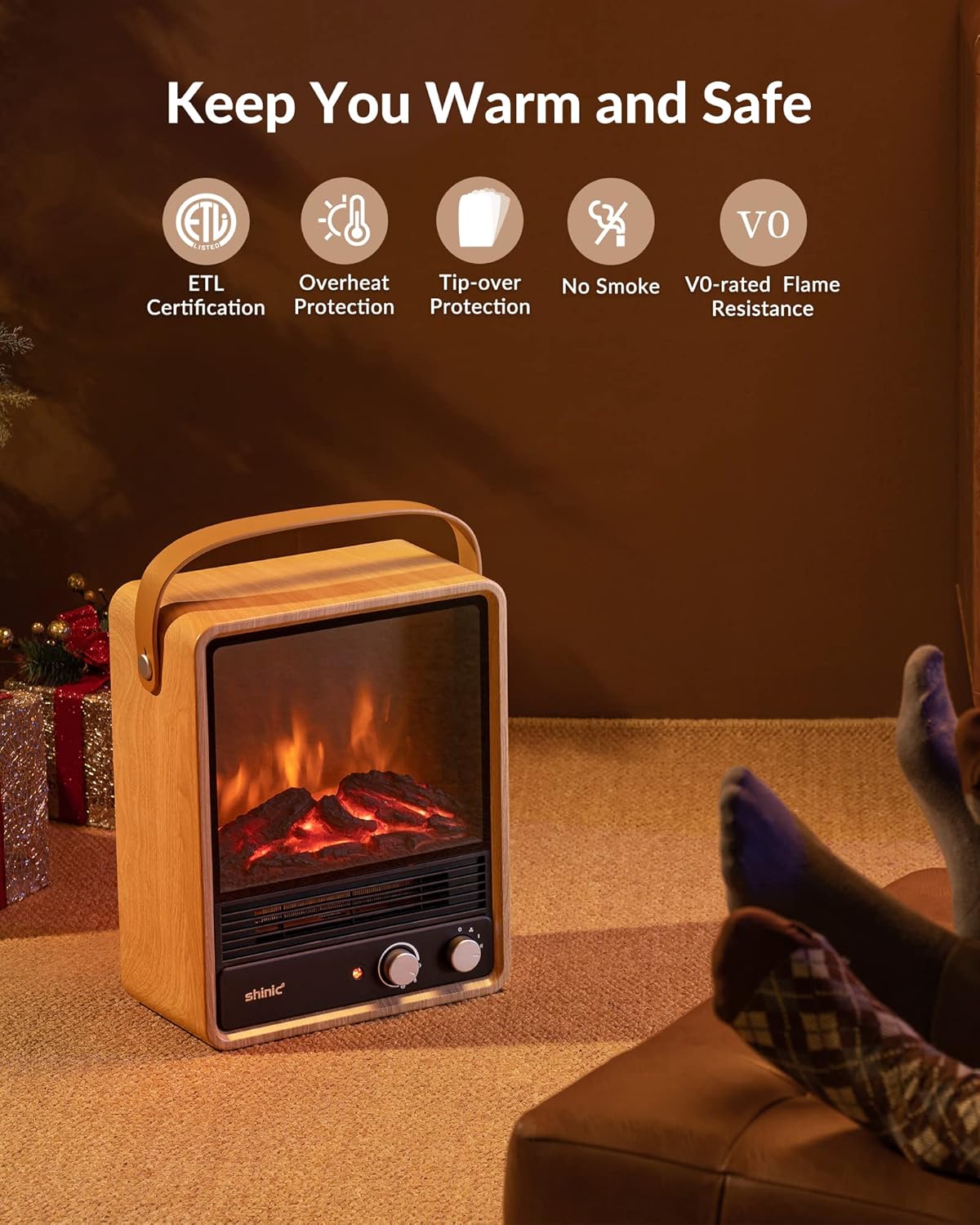 Shinic Electric Fireplace Heaters for Indoor Use,1500W Space Heater with Crackling Sound & 3D Realistic Flame, Safety Protection, Portable Fireplace Heater for Home Office Christmas Decoration, Oak