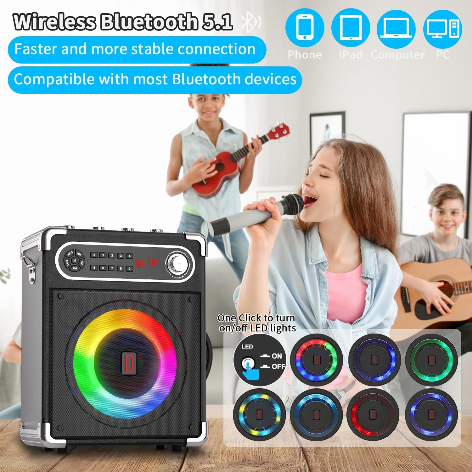 Karaoke Machine with 4 Wireless Microphones, Portable Bluetooth 5.1 Speaker for Adults Kids with LED Lights, Bass/Treble Adjustment, PA System with Remote Control, Supports FM/AUX/USB/TF for Party