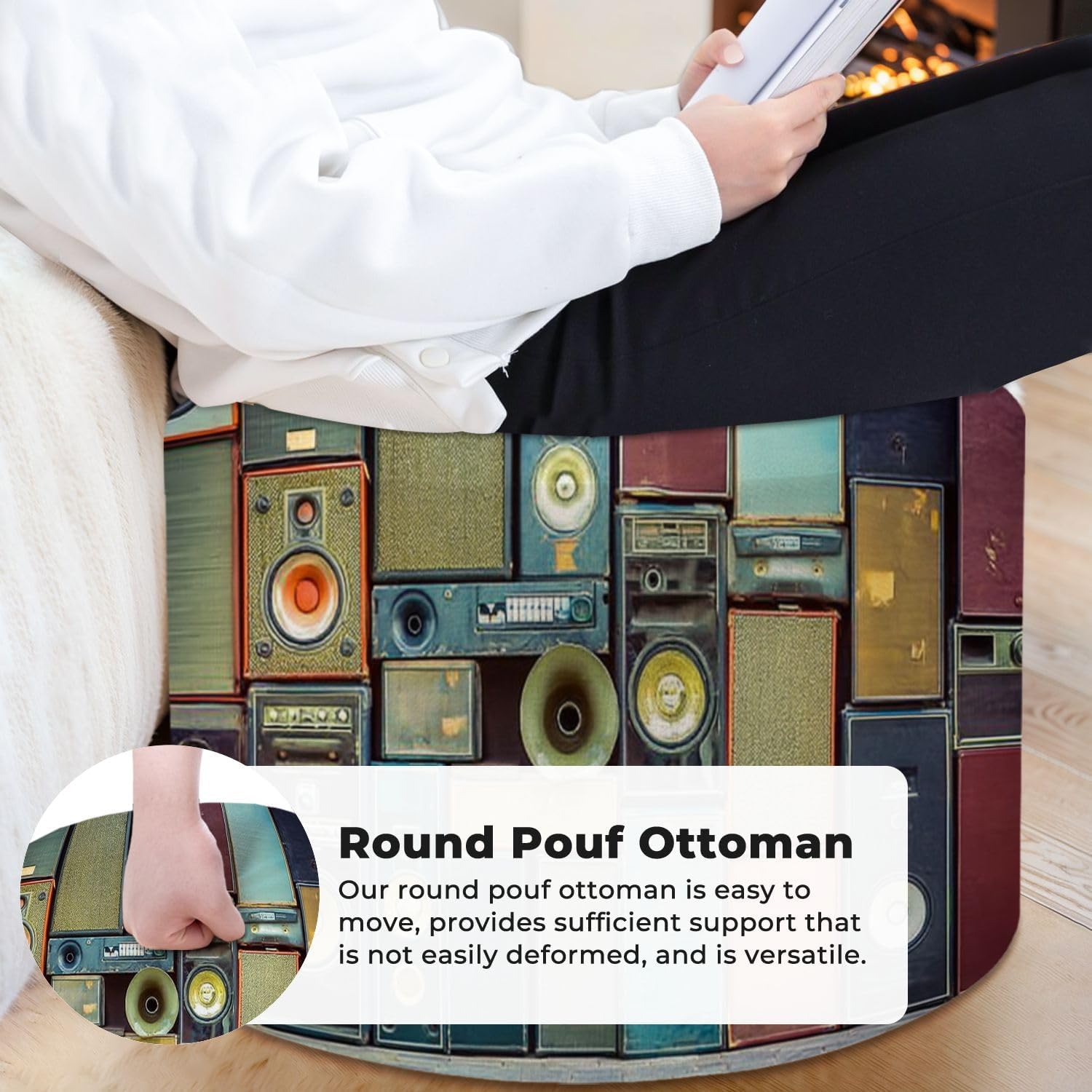 Round Pouf Ottoman Music Speakers Wall Retro Vintage Style Foot Stool Foot Rest Floor Stool Bean Bag Chair Cotton Linen Removable Indoor Outdoor for Living Room Bedroom