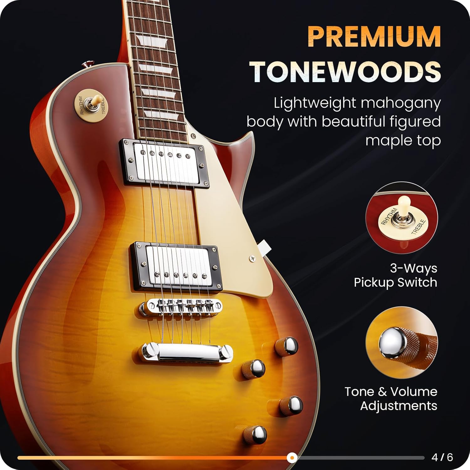 Fesley LP Electric Guitar with Arched Top Sunburst+ Fesley Mini Guitar Amp 10W Portable Recharged Guitar Amplifier