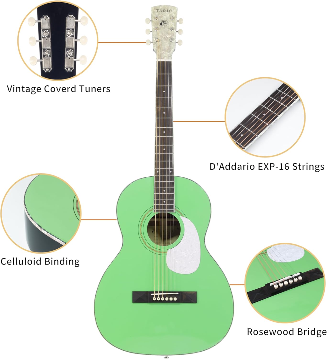 TARIO 38'' Acoustic Guitar parlor guitar Solid Spruce Top Mahogany Back and Sides Okoume Neck mint green