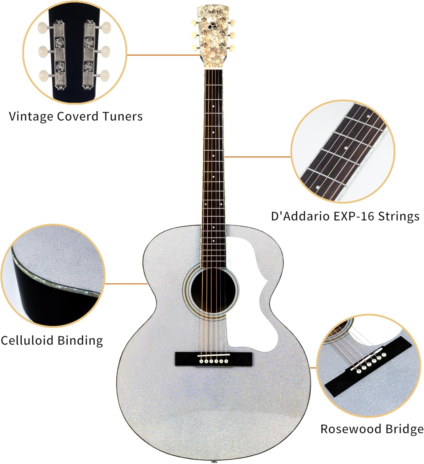 TARIO 42'' Acoustic Antique Jumbo Guitar Solid Spruce Top Mahogany Back and Sides Okoume Neck