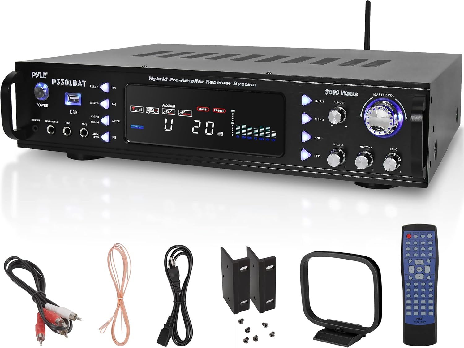 Pyle Wireless Bluetooth Home Stereo Amplifier- Hybrid Multi-Channel, 3000W Power Amplifier, Home Audio Receiver System w/ AM/FM Radio,MP3,USB, AUX, RCA, Karaoke Mic in, Rack Mount, Remote- P3301BAT.5