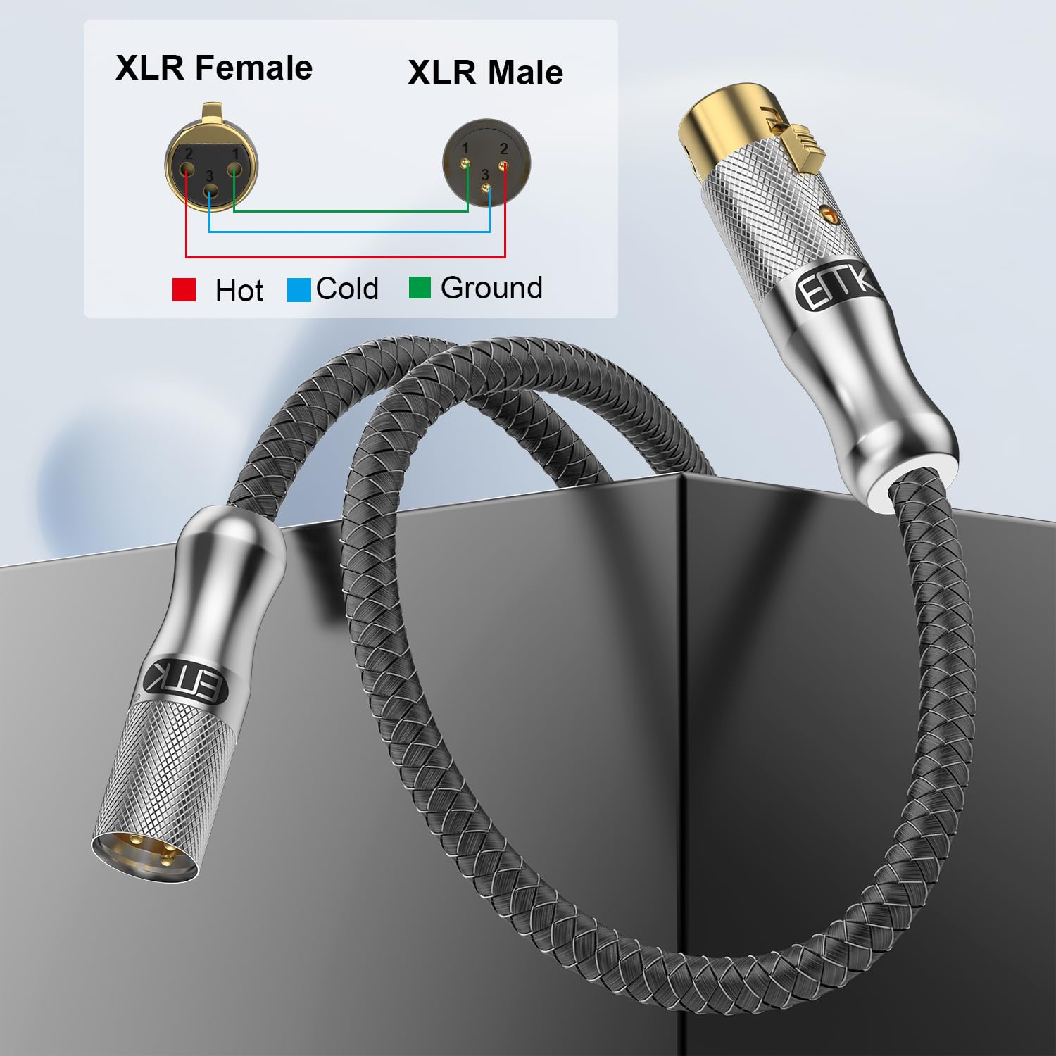 EMK XLR Microphone Cable 3-Pin Balanced (Male to Female) - 10M/30Ft Professional Audio Cord for Behringer Mixer, Mic Preamplifier, Speaker Systems - Oxygen-Free Copper, Gold-Plated Connectors (Silver)