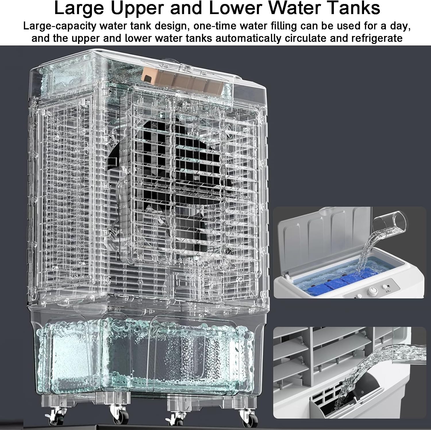 Evaporative Cooler, Portable Air Conditioners, with Large Capacity Water Tank, Powerful Air Supply, 3 Wind Speeds, for Backyard, Garage, Patio(118cm/46in)