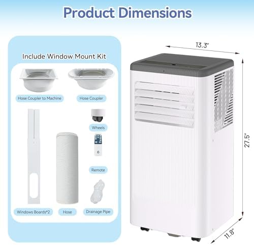 8,000 BTU Portable Air Conditioner, Smart Control, Cools up to 420 Sq. Ft., with Dehumidifier & Fan mode, Easy- to-use Remote Control for Bedroom/Dorms/Indoor Rooms, White