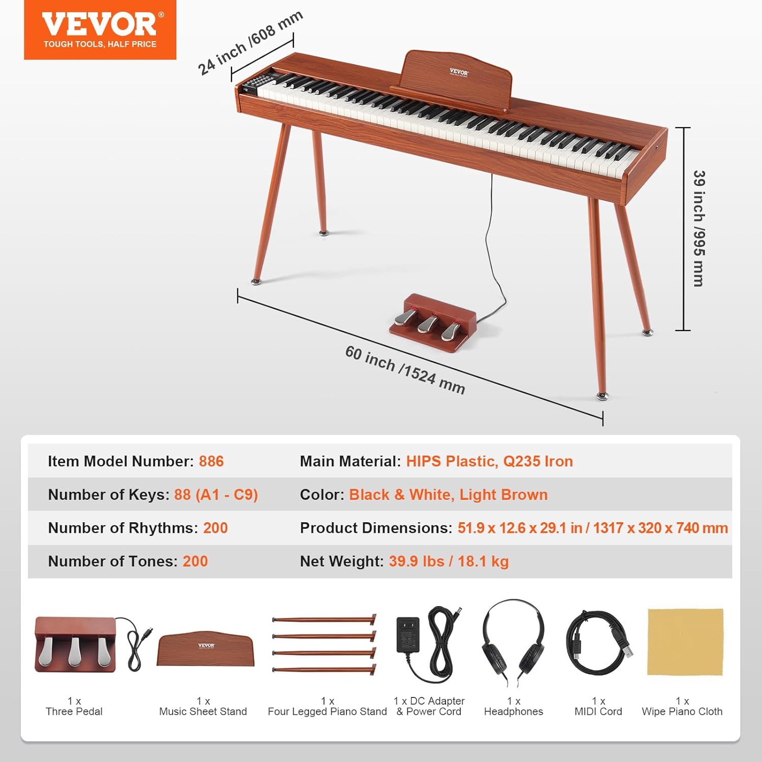 VEVOR Weighted Digital Piano, 88 Key Fully Weighted Keys, Electric Piano Dual Keyboard & Speakers Four Legged Piano Stand with Headphone 200 Tones & Rhythms, Support Bluetooth/USB/MIDI, for Beginners