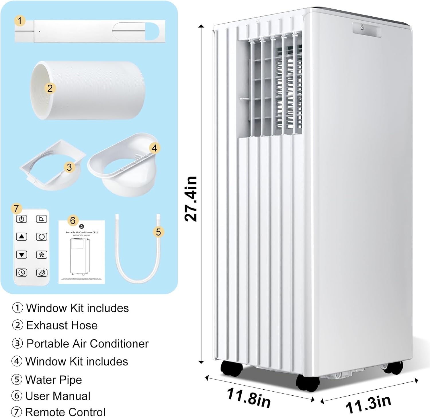 Portable Air Conditioners with Remote Control, 8000 BTU Portable Conditioner for Room, Dorm, Office with 3-IN-1 Quiet AC Unit, 2 Speeds, 24H Timer, Energy Savings, Cools Room up to 350 Sq. Ft White