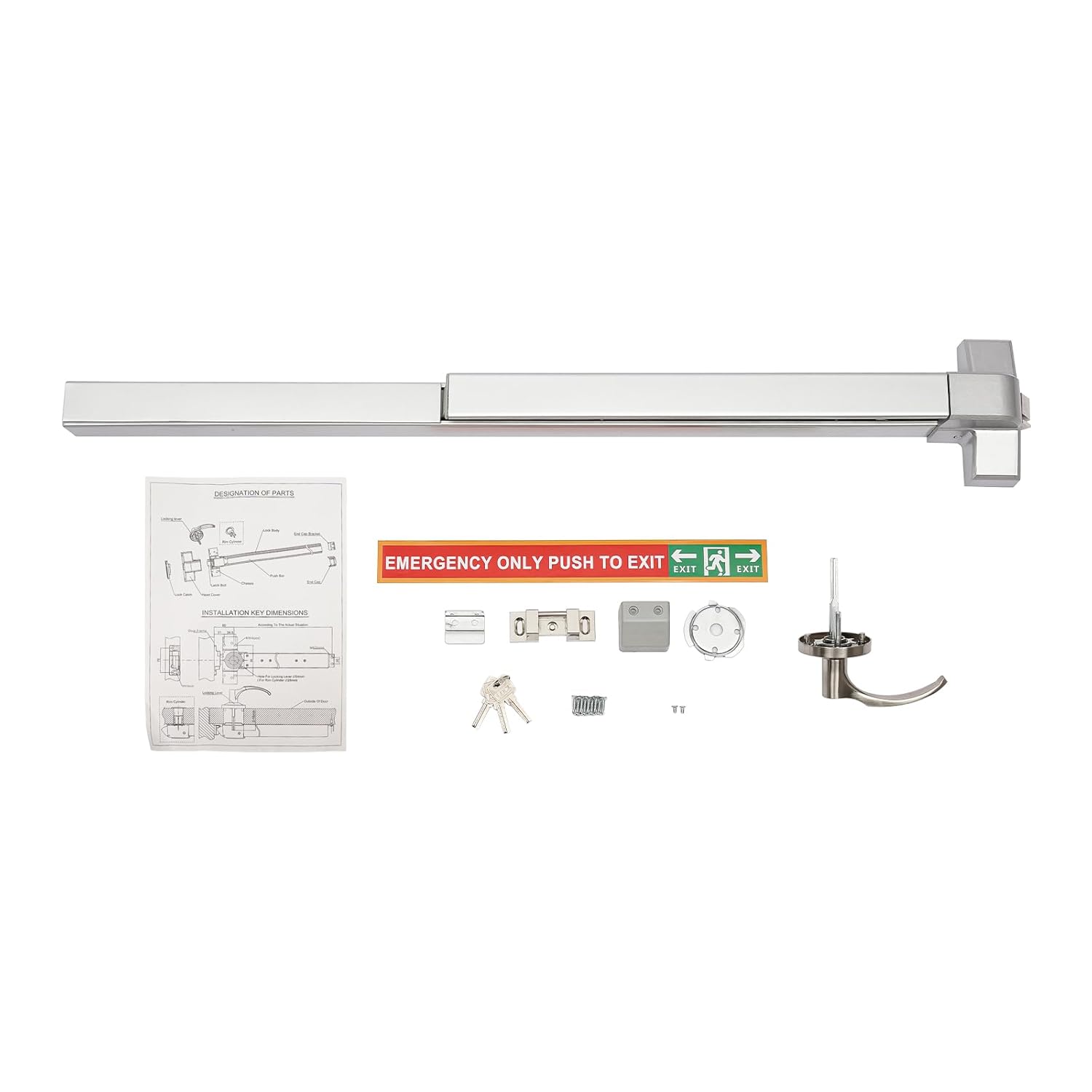 Door Push Bar Panic Exit Device, 39” Commercial Emergency Exit Door Push Bar with Exterior Handle and 3 Keys, Steel Emergency Accessories Alarmed Fireproof Commercial Exit Devices
