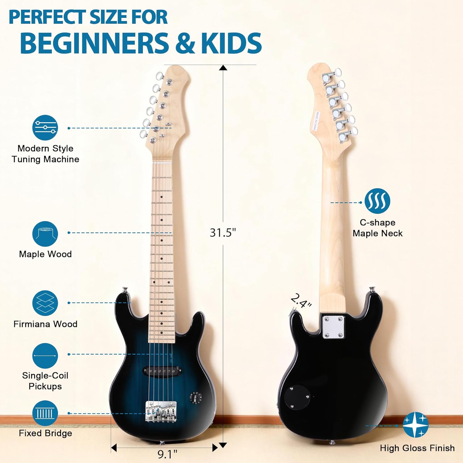 30 Inch Kids Electric Guitar, Complete Beginner Kits with 5W Amplifier, Picks, Gig Bag, Strap, Cable & Accessory Kit for Kids/Girls/Boys/Starters, Blue