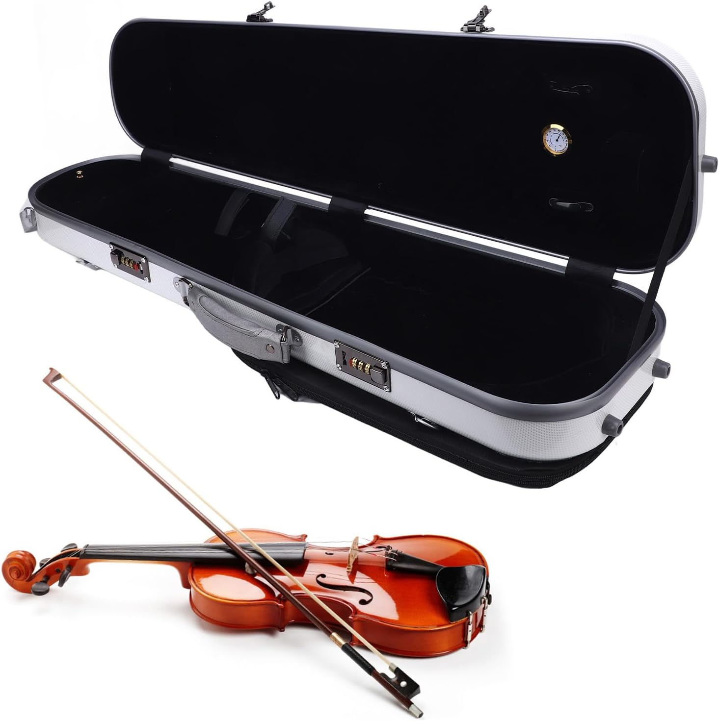 White 4/4 Carbon Fiber Violin Case Secure Locks Hygrometer 2 Shoulder Straps for 4/4, 3/4, 1/2, 1/8 Violins