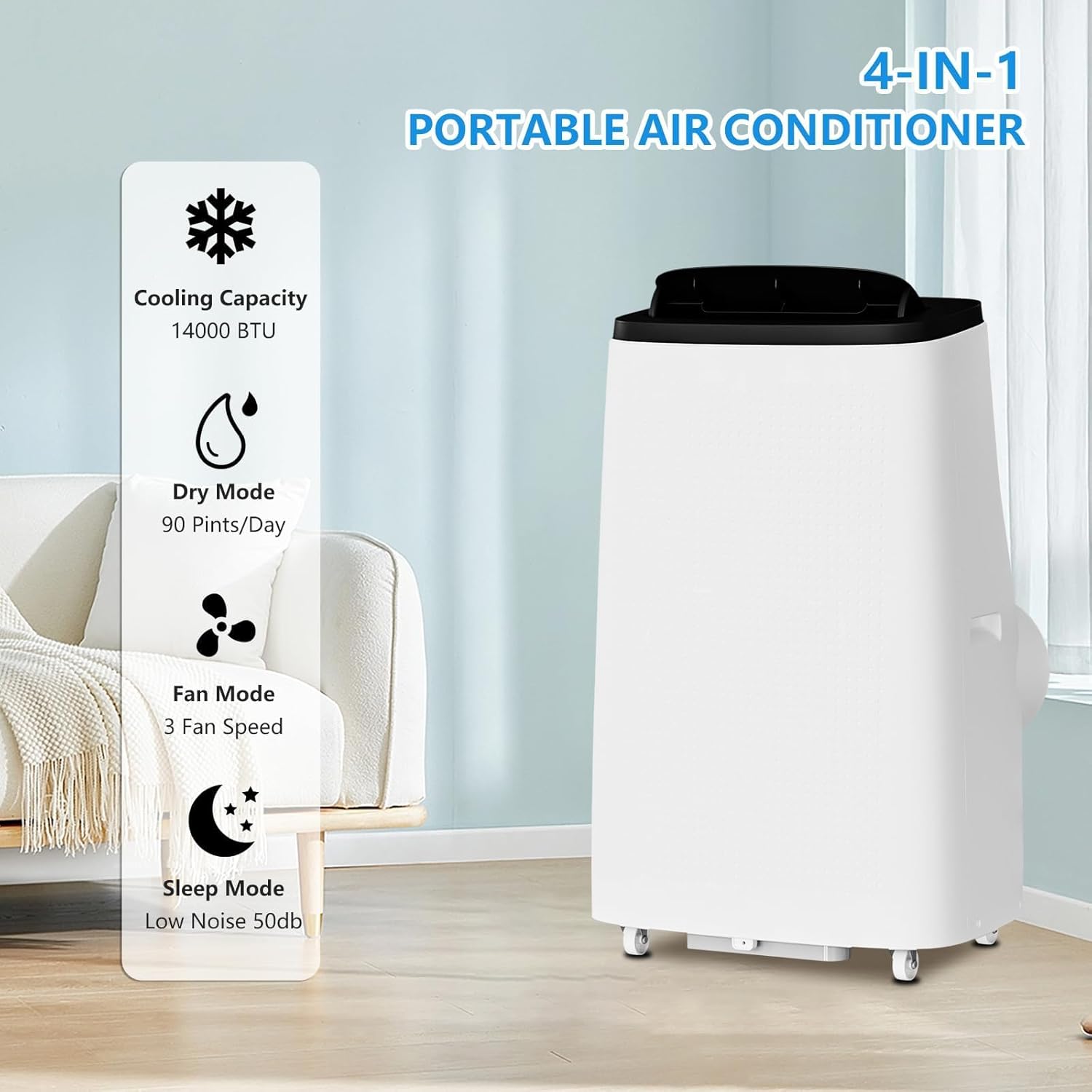 14,000 BTU Portable Air Conditioner Cools Up to 750 Sq.Ft, 3 in-1 Quiet Portable AC Unit with Remote Control & Installation Kits for Large Room, Smart/Sleep Mode, Auto Swing, 24H Timer