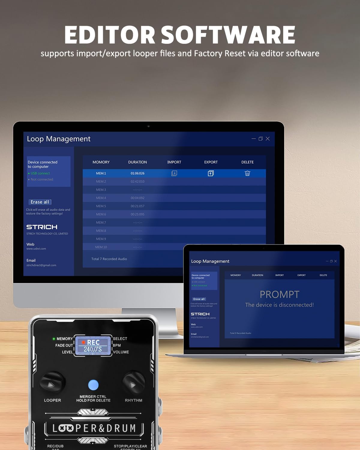 STRICH Stereo Looper Pedal Guitar Pedal with Built-in Drum Machine, 100 Diverse Drum Patterns, 160 Minutes Recording Time, USB for Audio Upload or Download, Support Footswitch Control