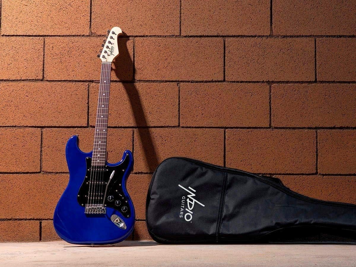 Monoprice Indio Series, 6-String Cali Classic HSS Electric Guitar - Right Handed, With Gig Bag, Dual-Coil Humbucking Pickup, Double-Cutaway Solid Body, Blue