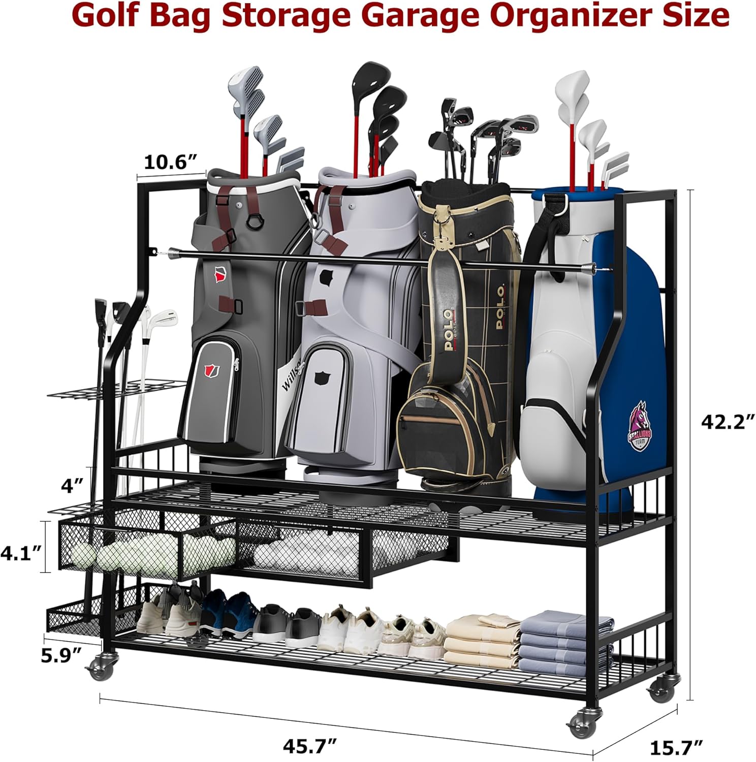 Golf Bags Storage Garage Organizer,Golf Bag Stand for 4 Golf Bags, Clubs, Balls, Golf Equipment Accessories, Golf Bag Storage Rack with Wheels