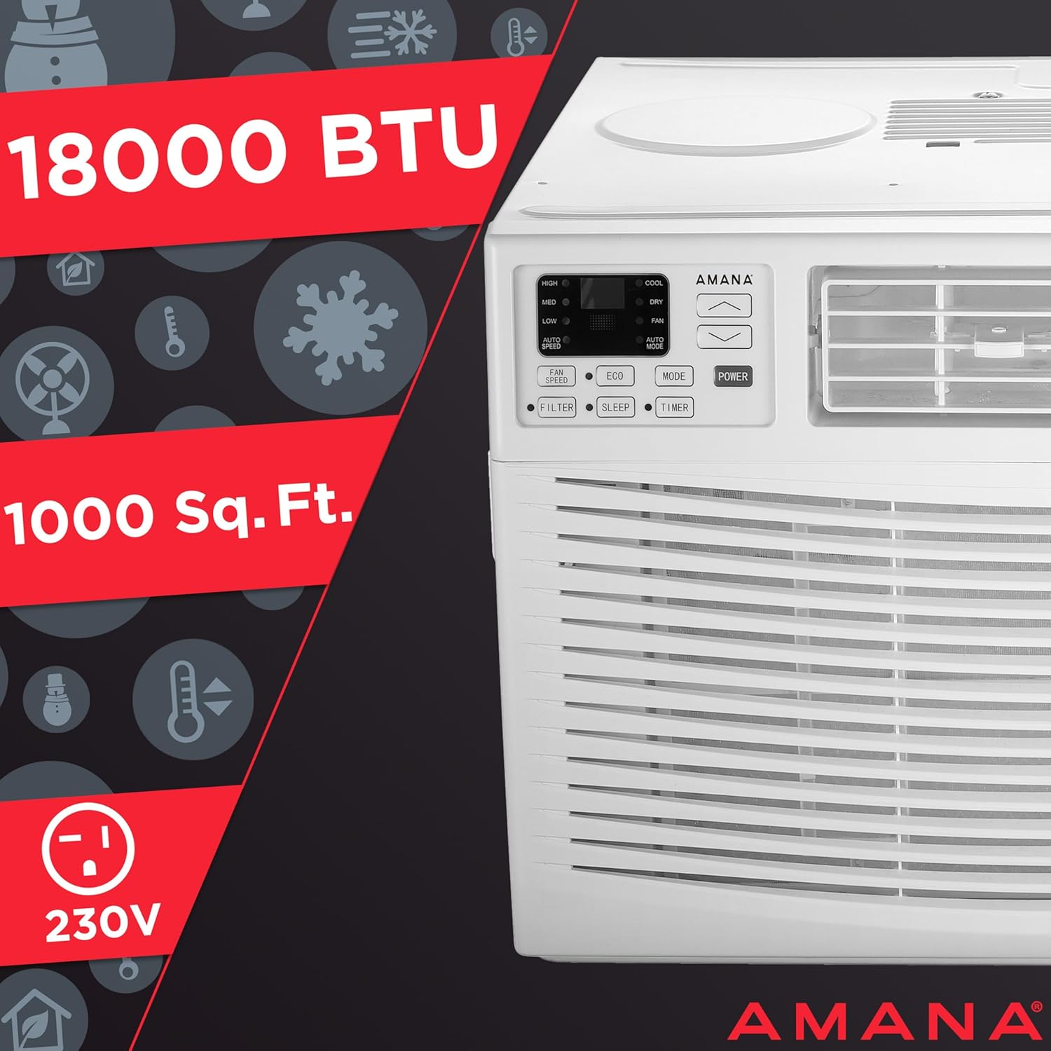 Amana 18,000 BTU Window Air Conditioner, 230V, Window AC for Rooms up to 1,000 Sq.Ft with Remote Control, 24H Timer, 3-Speeds, Auto-Restart, and Digital Display, ​White