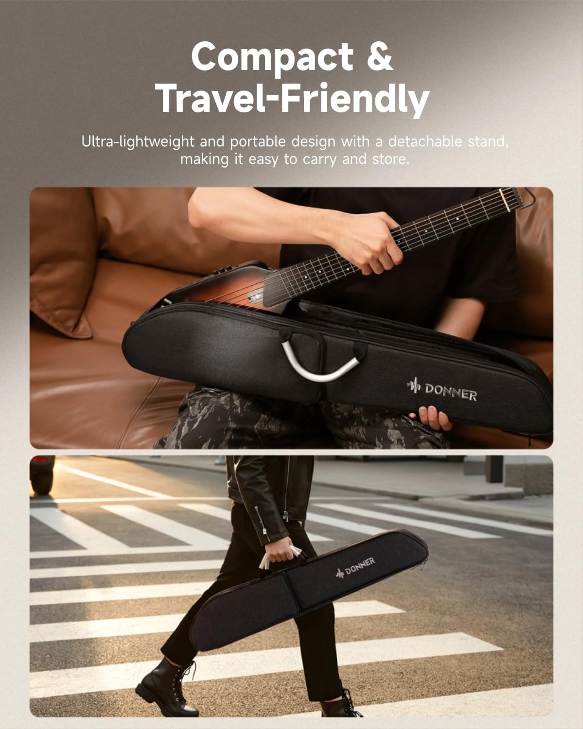 Donner HUSH I Guitar For Travel - Portable Ultra-Light and Quiet Performance Headless Acoustic-Electric Guitar, Mahogany Body with Removable Frames, Gig Bag, and Accessories Natural