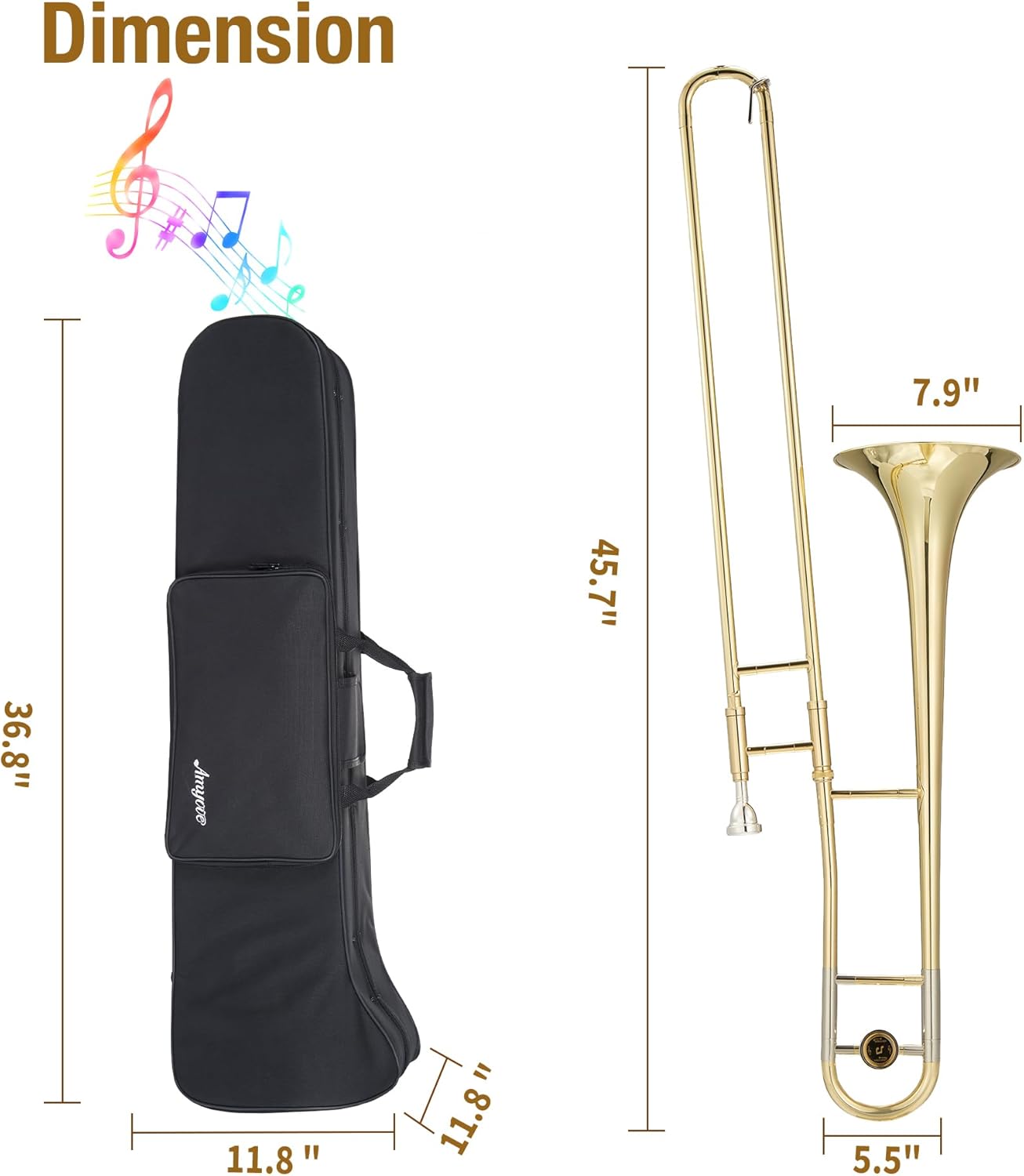 A Nickel-Plated Copper Tube Trombone in the Key of b-Flat, Suitable for Beginners. It Comes with a Mouthpiece, Sleeve, Cleaning Cloth and Gloves