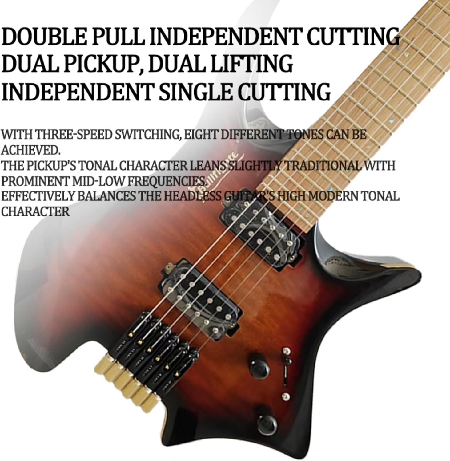 34-Inch Headless Electric Guitar Kit, H-H Pickups with Coil Splitting, Copper String Lock, Roasted Maple Fretboard for Travel and Beginners (Sunburst)