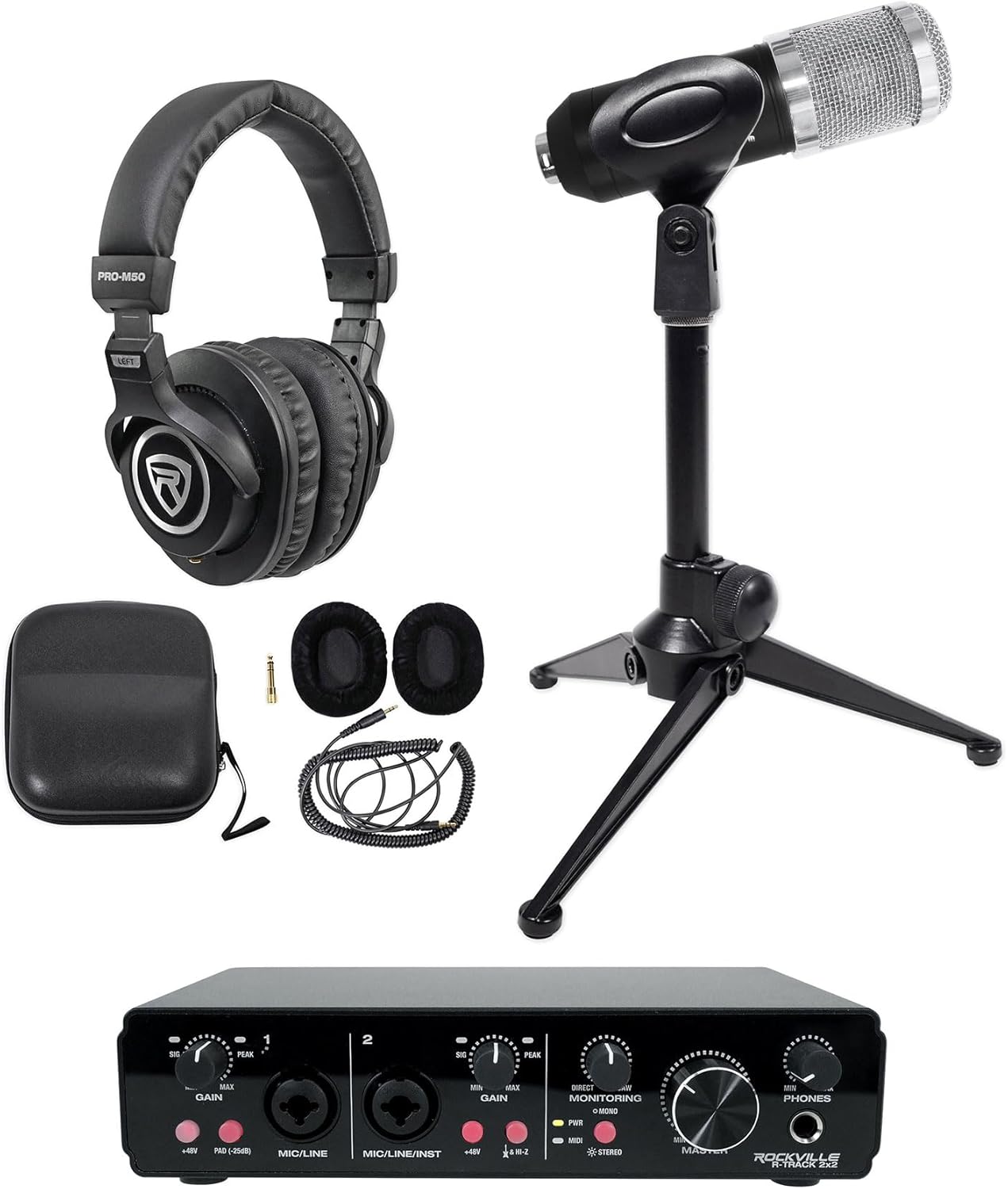Rockville R-TRACK 2x2 Bundle: USB Computer Recording Interface 24 Bit, RCM01 Studio Condenser Microphone with Shock Mount, PRO-M50 Headphones, RDTS Tripod Stand, 4-items