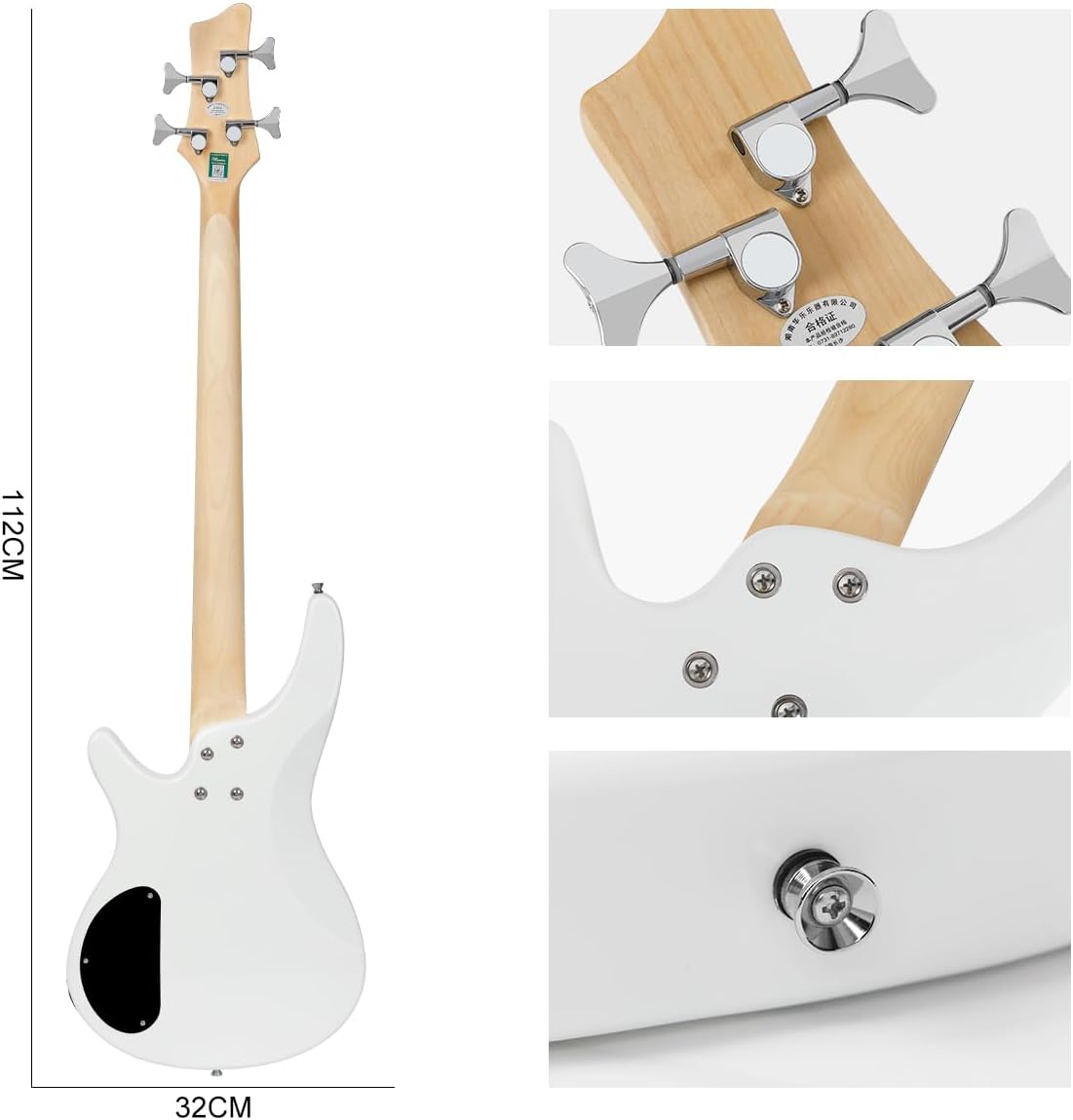 Electric Bass Guitar 4 Strings Full-Size Standard Bass PB-Style Beginner Kit Black for Starter with Gig Bag Guitar Strap and Guitar Cable (IB-white)